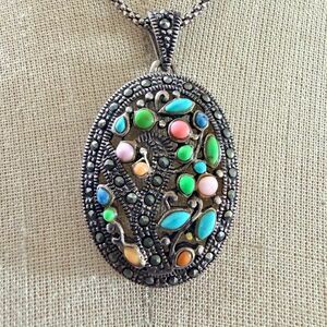 Carol Brodie CFJ 925 Thai Sterling Silver Marcasite Multi Stone Floral Vine Pend